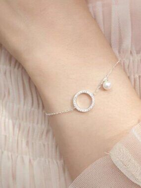 925 Sterling Silver Diamond Circle Pearl Bracelet